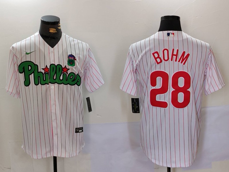 Men's Philadelphia Phillies #28 Alec Bohm White/Green Cool Base Stitched Jersey